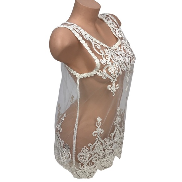 Boho White Embroidered Lace Sheer Mesh Overlay Dressy Tank Top Blouse SZ Small - Picture 4 of 5